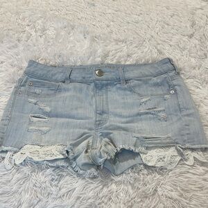 American Eagle Outfitters Light Blue Ripped Jean HIGH-RISE SHORTIE SIZE 12